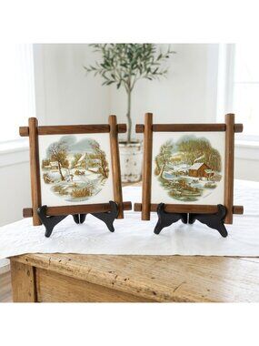 Vintage Currier & Ives Winter Tile Wall Plaques Wood Frame Set of 2